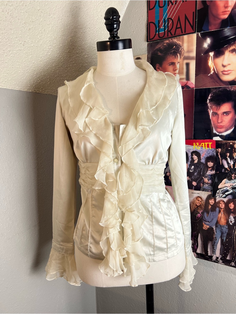 Surrealist Cream Satin Blouse with Ruffle Detail